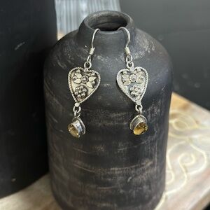 Vintage sterling silver heart earrings with citrine teardrop